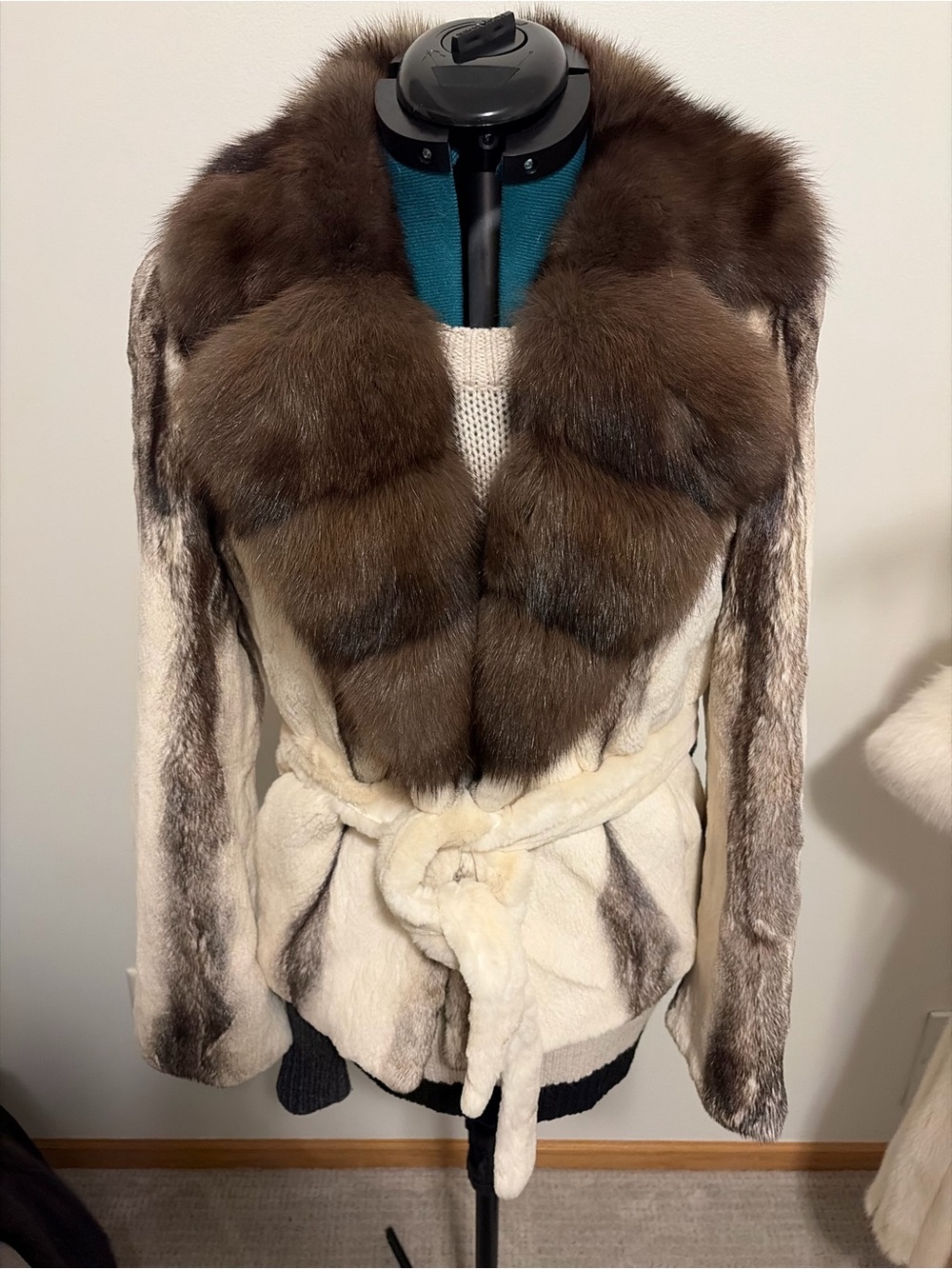 Plucked Cross Mink Fur Jacket Sable Collar Belt Small